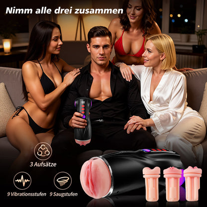 【Blitzangebot: 30 % RABATT】Daphne - 3 Hüllen Taschenmuschi Penis-Pumpe mit 9 Saug- & 9 Vibrationsmodi für männliche Masturbatoren