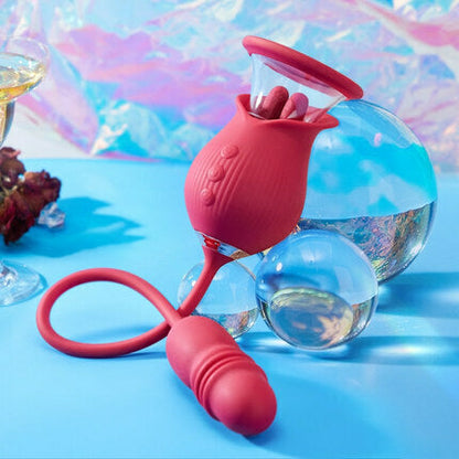 Acmejoy Rose 10 Dildo-Vibrator mit Zungenlecken und Stoßen, Klitoris- und Brustwarzenstimulator